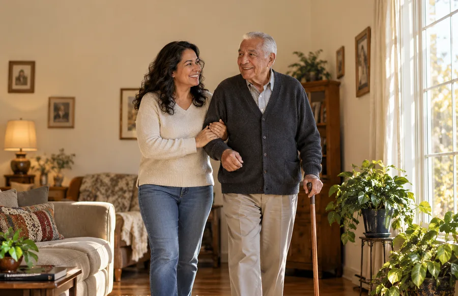 A daughter walking arm in arm with her father at home